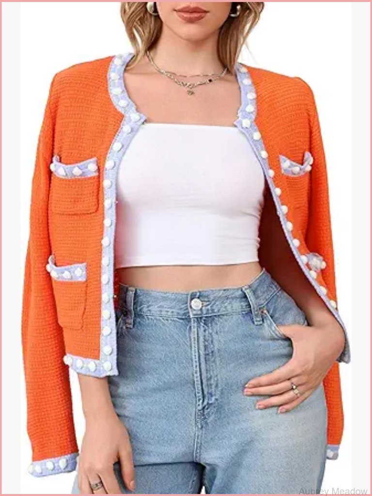 Open Front Color Block Cardigan Sweater Button Down Chunky Knit Outerwear